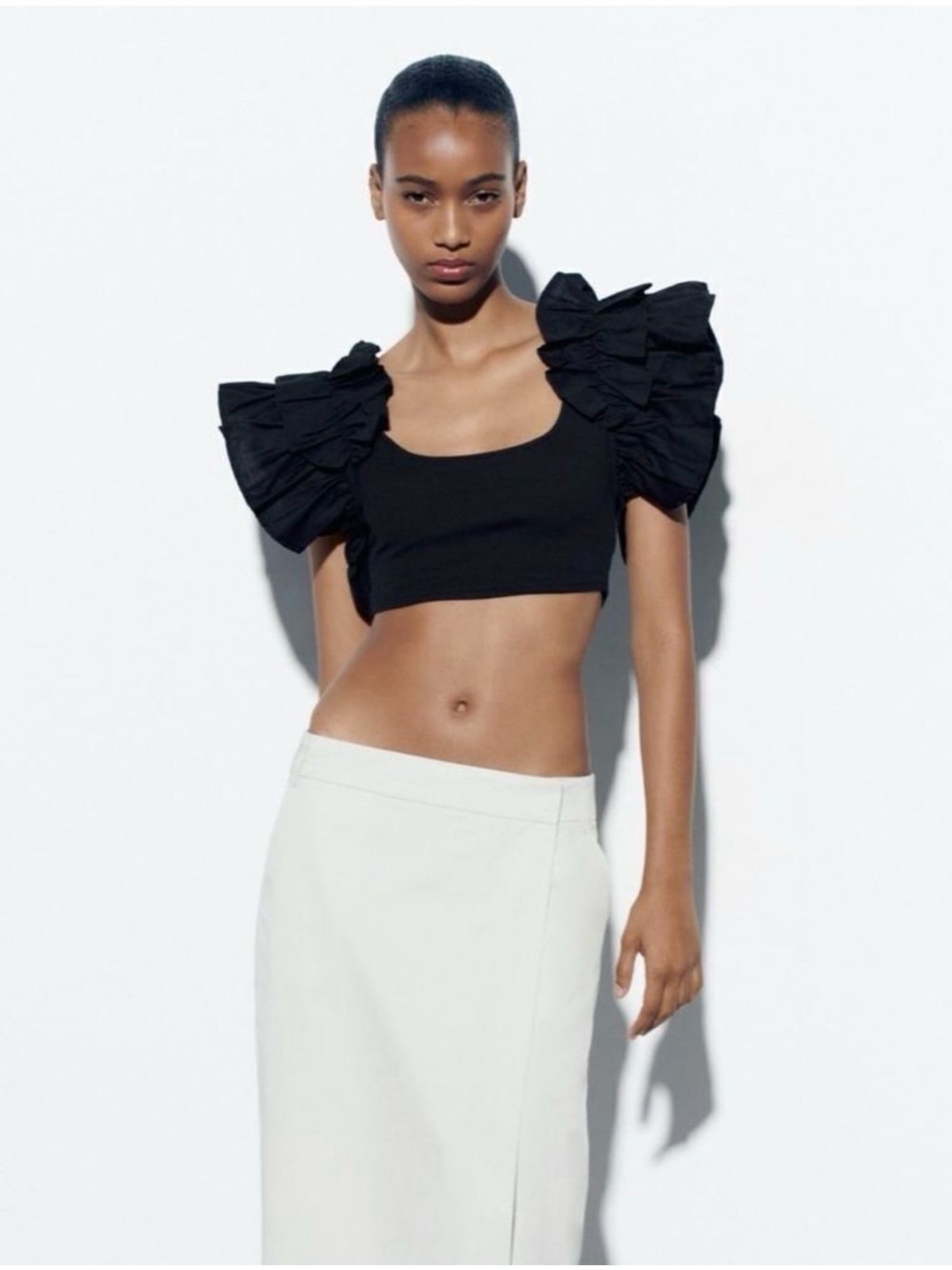 Zara Black Ruffle-Sleeve Crop Top